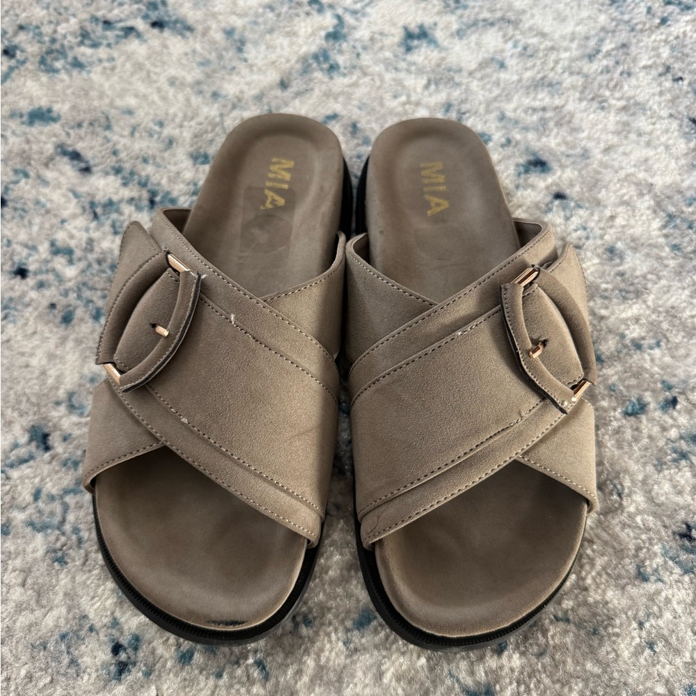MIA Taupe Crisscross Buckle Slide sandals